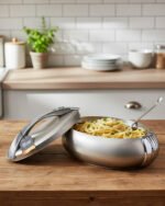Modern grey insulated hotpot casserole with polished chrome handle on a wooden kitchen countertop