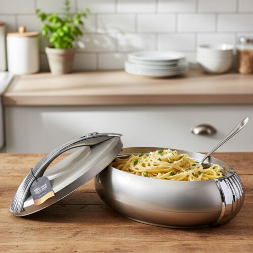 Modern grey insulated hotpot casserole with polished chrome handle on a wooden kitchen countertop