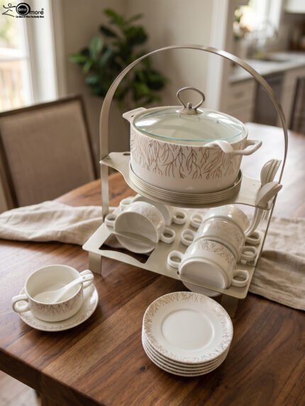 Ceramic soup tureen with clear glass lid, matching soup bowls with handles, saucers, and spoons arranged on a two-tier metal stand on a wooden dining table.