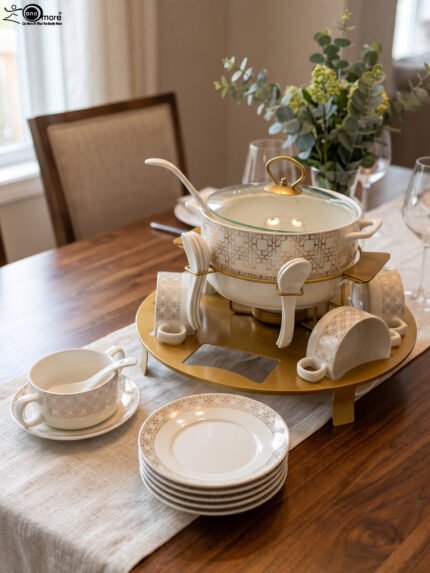 Luxury white and gold ceramic soup tureen set with warming stand, matching bowls, saucers, spoons, and glass lid on a wooden table.