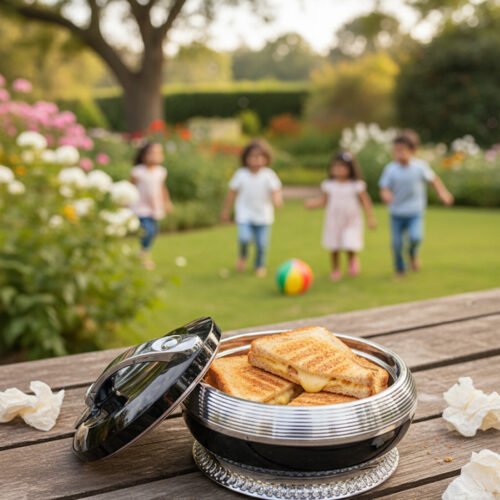 Premium black and silver insulated hotpot casserole dish on an elegantly set wooden dining table with white roses and wine glasses.