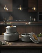 3-piece grey fluted hot pot set with marble patterned lids and gold handles in 2L, 4L, and 6.5L capacities