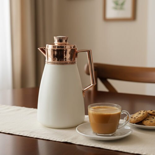 Off-white 1 Litre thermal vacuum flask featuring a rose gold handle, air-tight cap, and push-to-pour button.