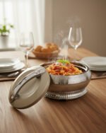 An elegant champagne-colored insulated luxury hotpot casserole with a sparkling crystal rhinestone base and chrome accents, sitting on a dark kitchen countertop.