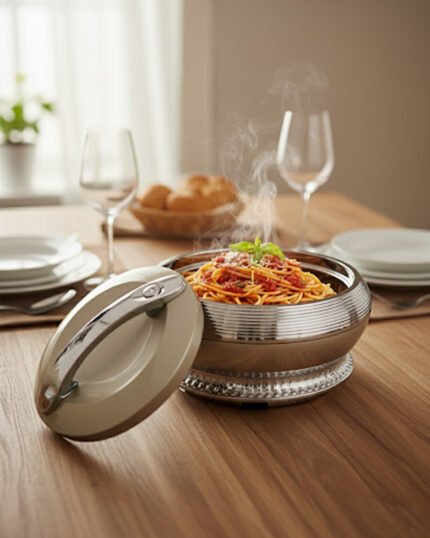 An elegant champagne-colored insulated luxury hotpot casserole with a sparkling crystal rhinestone base and chrome accents, sitting on a dark kitchen countertop.