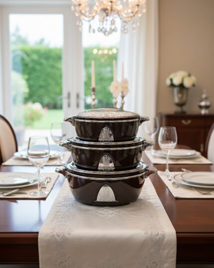 3-piece stacked luxury insulated hot pot casserole set in dark brown with silver chrome trim on a dining table setup.