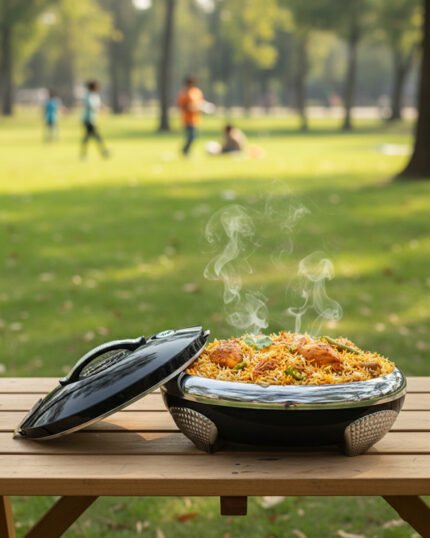 Glossy black insulated stainless steel hotpot casserole with silver chrome accents and lid open on a kitchen countertop.