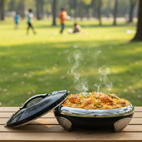 Glossy black insulated stainless steel hotpot casserole with silver chrome accents and lid open on a kitchen countertop.
