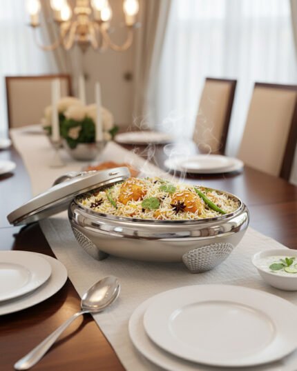 Cream and stainless steel insulated thermal hotpot casserole dish with lid resting on a granite kitchen countertop.