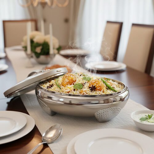 Cream and stainless steel insulated thermal hotpot casserole dish with lid resting on a granite kitchen countertop.