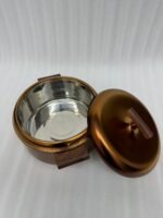 3-piece matte gold thermal hot pot set with dark wooden handles on a marble kitchen countertop