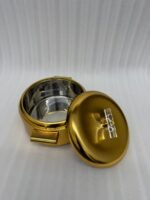 3-piece luxury brushed gold insulated hot pot set with clear acrylic lid handles on a kitchen counter