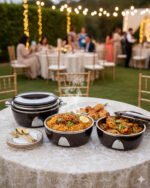 3-piece stacked luxury insulated hot pot casserole set in dark brown with silver chrome trim on a dining table setup.
