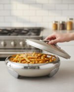 Cream and stainless steel insulated thermal hotpot casserole dish with lid resting on a granite kitchen countertop.