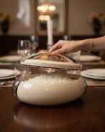 Modern brown insulated hotpot casserole with sleek chrome handle accents on a wooden kitchen countertop