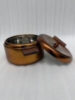 3-piece matte gold thermal hot pot set with dark wooden handles on a marble kitchen countertop