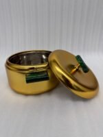 Three-piece luxury brushed gold insulated hot pot set with emerald green handles displayed on a marble kitchen countertop