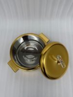 3-piece luxury brushed gold insulated hot pot set with clear acrylic lid handles on a kitchen counter
