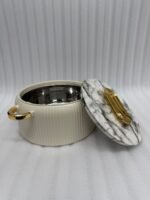 3 piece luxury off white hot pot set with marble finish lids and gold handles in 2L, 4L, and 6.5L sizes