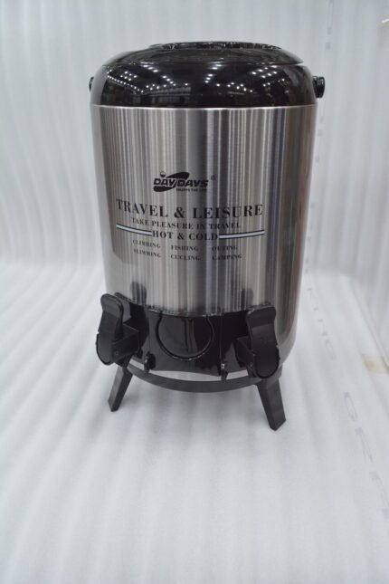 DAY DAYS 9.5 Liter stainless steel insulated hot and cold beverage dispenser with dual spigots on a countertop
