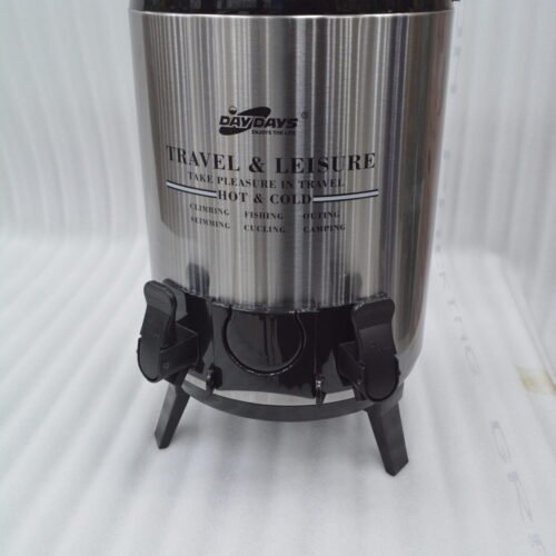 DAY DAYS 9.5 Liter stainless steel insulated hot and cold beverage dispenser with dual spigots on a countertop