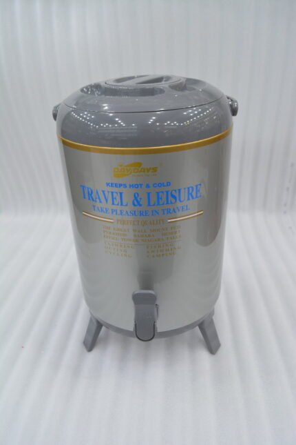 DAYDAYS 9.5-liter gray thermal beverage dispenser jug with dispensing tap and tripod stand sitting on an outdoor wooden picnic table.