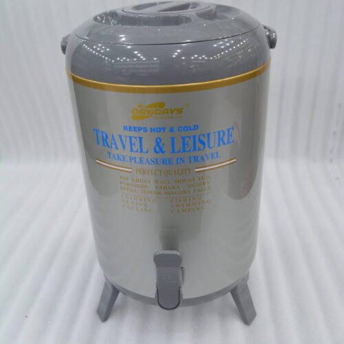 DAYDAYS 9.5-liter gray thermal beverage dispenser jug with dispensing tap and tripod stand sitting on an outdoor wooden picnic table.