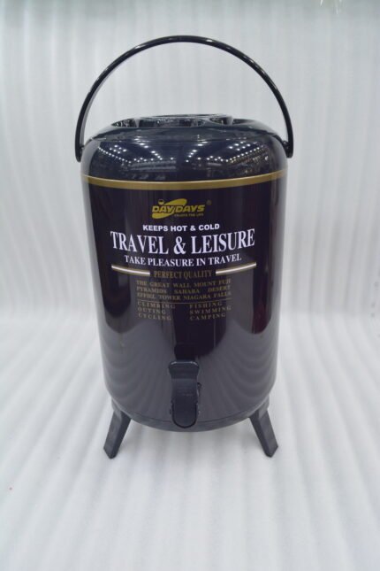 Day Days 9.5 Liter dark blue insulated water cooler jug with spigot tap and tripod legs set on an outdoor picnic table.