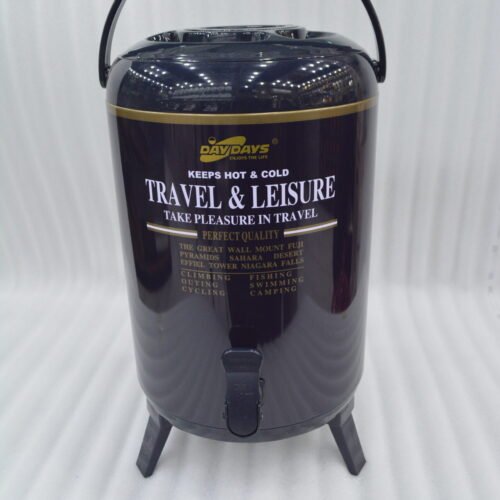 Day Days 9.5 Liter dark blue insulated water cooler jug with spigot tap and tripod legs set on an outdoor picnic table.