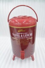 Red DAY DAYS 9.5 liter insulated portable water cooler jug with dispenser tap and foldable legs on a wooden picnic table.