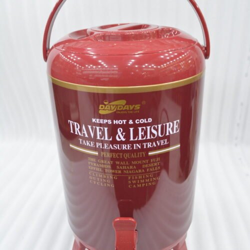 Red DAY DAYS 9.5 liter insulated portable water cooler jug with dispenser tap and foldable legs on a wooden picnic table.