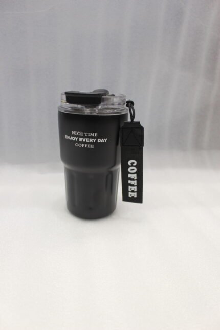 Set of 380ml portable travel coffee mugs in light blue, dark green, matte black, camel, and pink with attached wrist straps on a marble countertop.