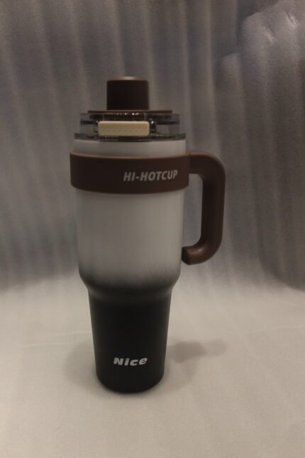 Pair of 1250ml HI-HOTCUP stainless steel insulated tumblers in black and brown gradient with handles and spout lids.