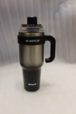 Pair of 1250ml HI-HOTCUP stainless steel insulated tumblers in black and brown gradient with handles and spout lids.