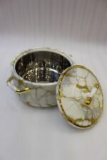 ONEMORE 3-piece luxury white and gold marble pattern hot pot set with gold handles on a marble kitchen countertop.