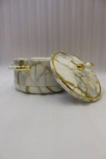 ONEMORE 3-piece luxury white and gold marble pattern hot pot set with gold handles on a marble kitchen countertop.
