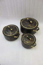 ONEMORE 3-piece black and gold marble pattern insulated hot pot set in 1L, 2L, and 3.5L capacities displayed on a kitchen counter