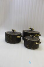 ONEMORE 3-piece black and gold marble pattern insulated hot pot set in 1L, 2L, and 3.5L capacities displayed on a kitchen counter