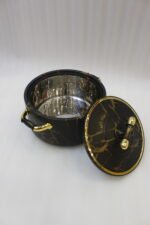 ONEMORE 3-piece black and gold marble pattern insulated hot pot set in 1L, 2L, and 3.5L capacities displayed on a kitchen counter