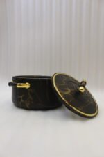 ONEMORE 3-piece black and gold marble pattern insulated hot pot set in 1L, 2L, and 3.5L capacities displayed on a kitchen counter