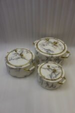 3-piece white marble finish insulated hot pot set with gold handles and lid trim in 1L, 2L, and 3.5L sizes