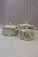 3-piece white marble finish insulated hot pot set with gold handles and lid trim in 1L, 2L, and 3.5L sizes