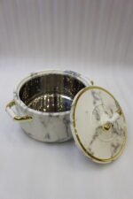 3-piece white marble finish insulated hot pot set with gold handles and lid trim in 1L, 2L, and 3.5L sizes