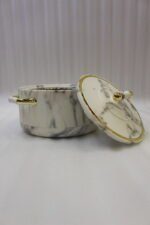 3-piece white marble finish insulated hot pot set with gold handles and lid trim in 1L, 2L, and 3.5L sizes