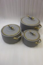 ONEMORE 3-piece modern grey insulated hot pot set with gold handles on a marble countertop