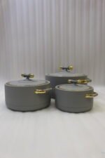 ONEMORE 3-piece modern grey insulated hot pot set with gold handles on a marble countertop
