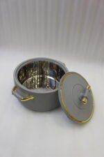 ONEMORE 3-piece modern grey insulated hot pot set with gold handles on a marble countertop