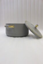 ONEMORE 3-piece modern grey insulated hot pot set with gold handles on a marble countertop