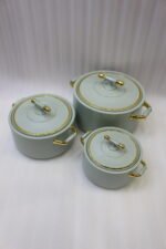 ONEMORE 3-piece sage green insulated hot pot set with polished gold handles and knobs on a marble countertop in 1L, 2L, and 3.5L sizes.