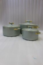 ONEMORE 3-piece sage green insulated hot pot set with polished gold handles and knobs on a marble countertop in 1L, 2L, and 3.5L sizes.